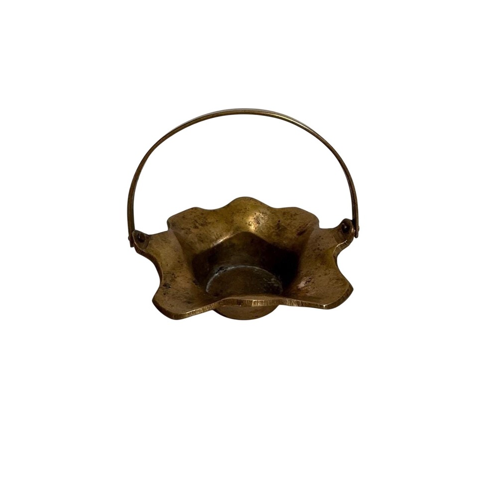 Vintage Solid Brass Scalloped Basket Bowl w/ Swing Handle Made in India Decor